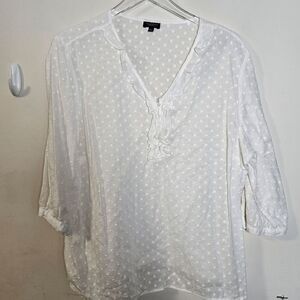 Talbots Cotton 3/4 Sleeves Swiss Dot VNeck Blouse Women's White Size 2XPetite Li